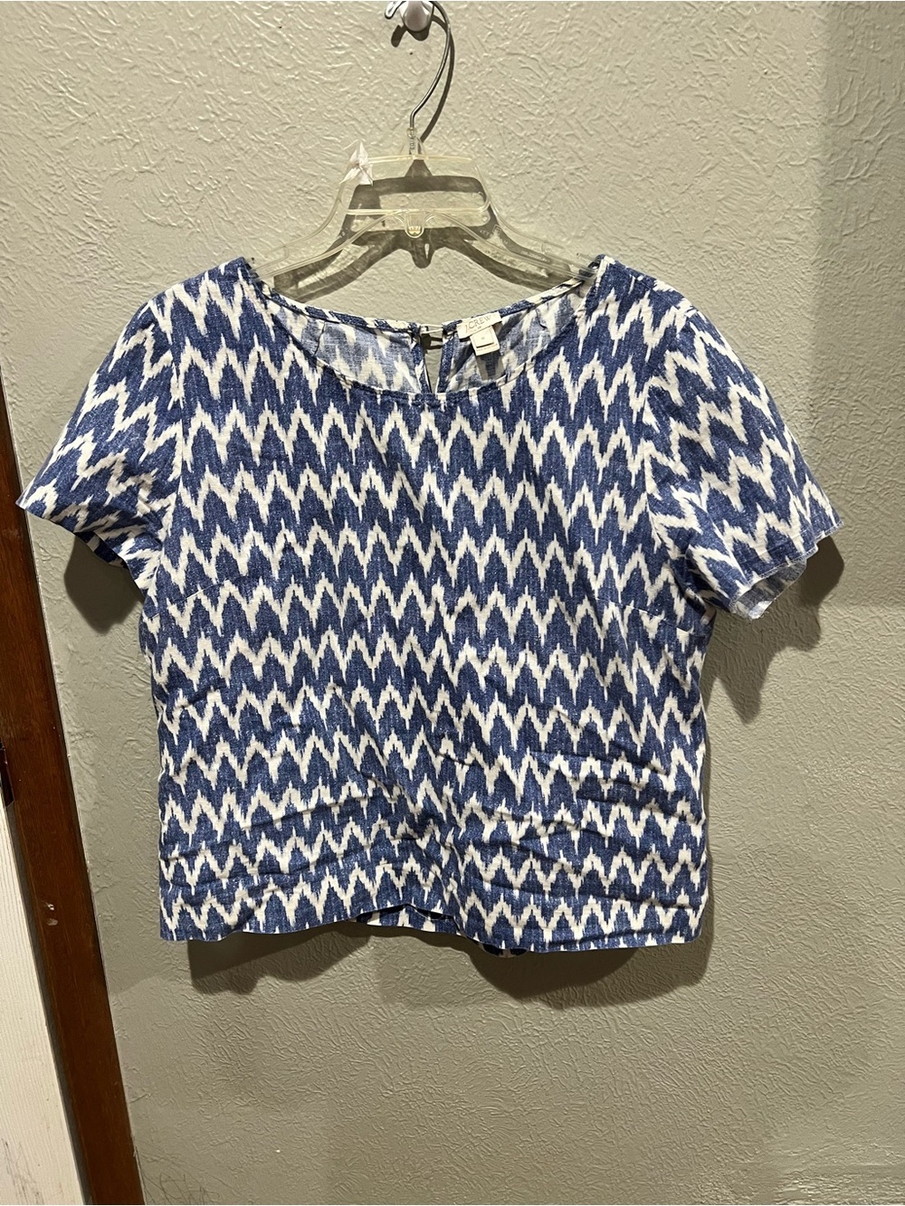 J. Crew Navy and White Zigzag Short-Sleeve Top Boxy Fit Cotton Linen Blend EUC
